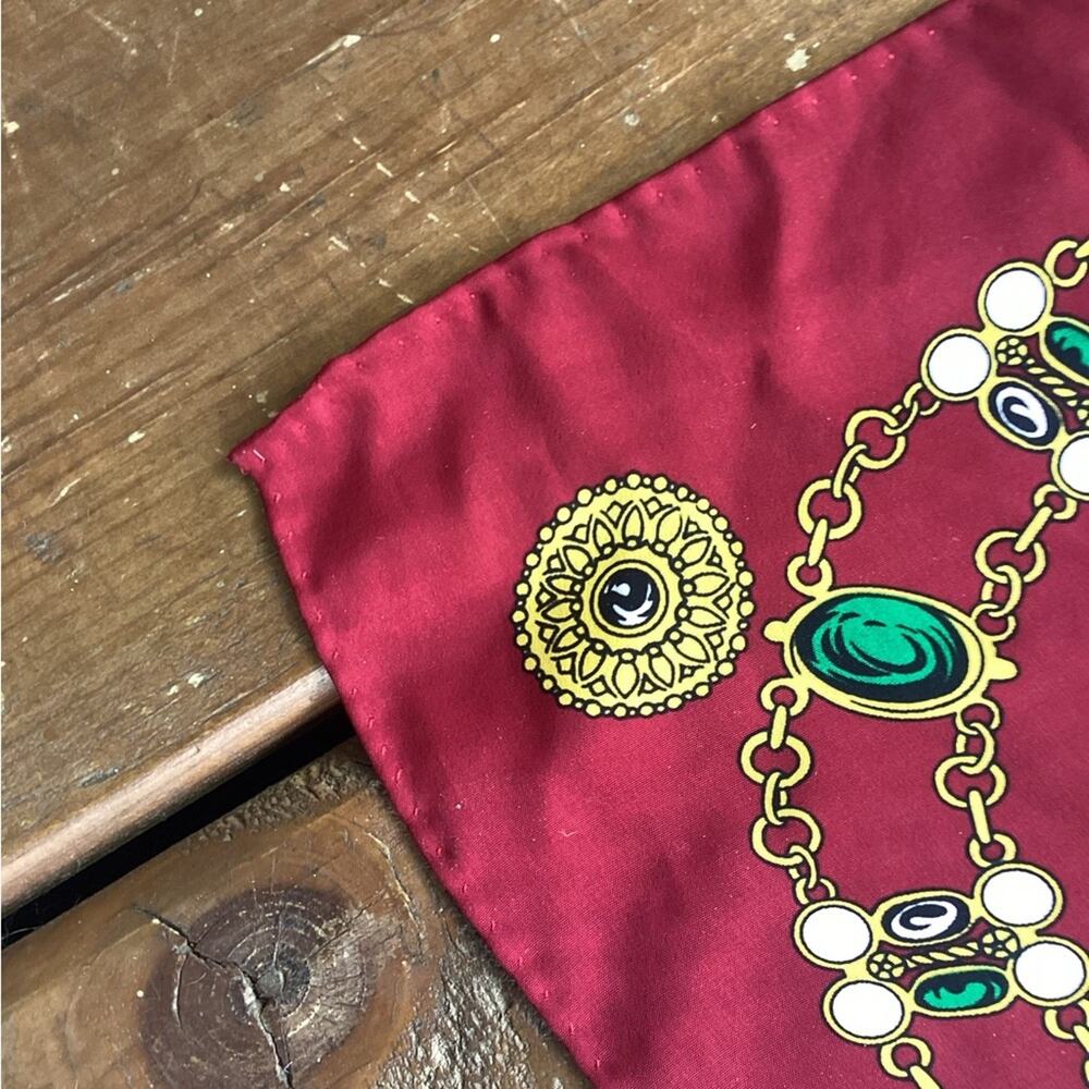 Vintage Chanel Red Gold Chain Silk Hand Rolled Large Square Scarf - Picture 3 of 6